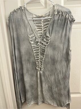 Pol Handmade Distressed Lace-Up Tank Top - Gray